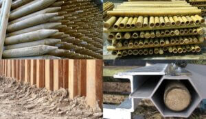A collage of 4 images showing timber piling and how bamboo poles can be used