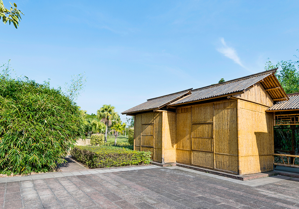 A hut made from golden moso bamboo poles