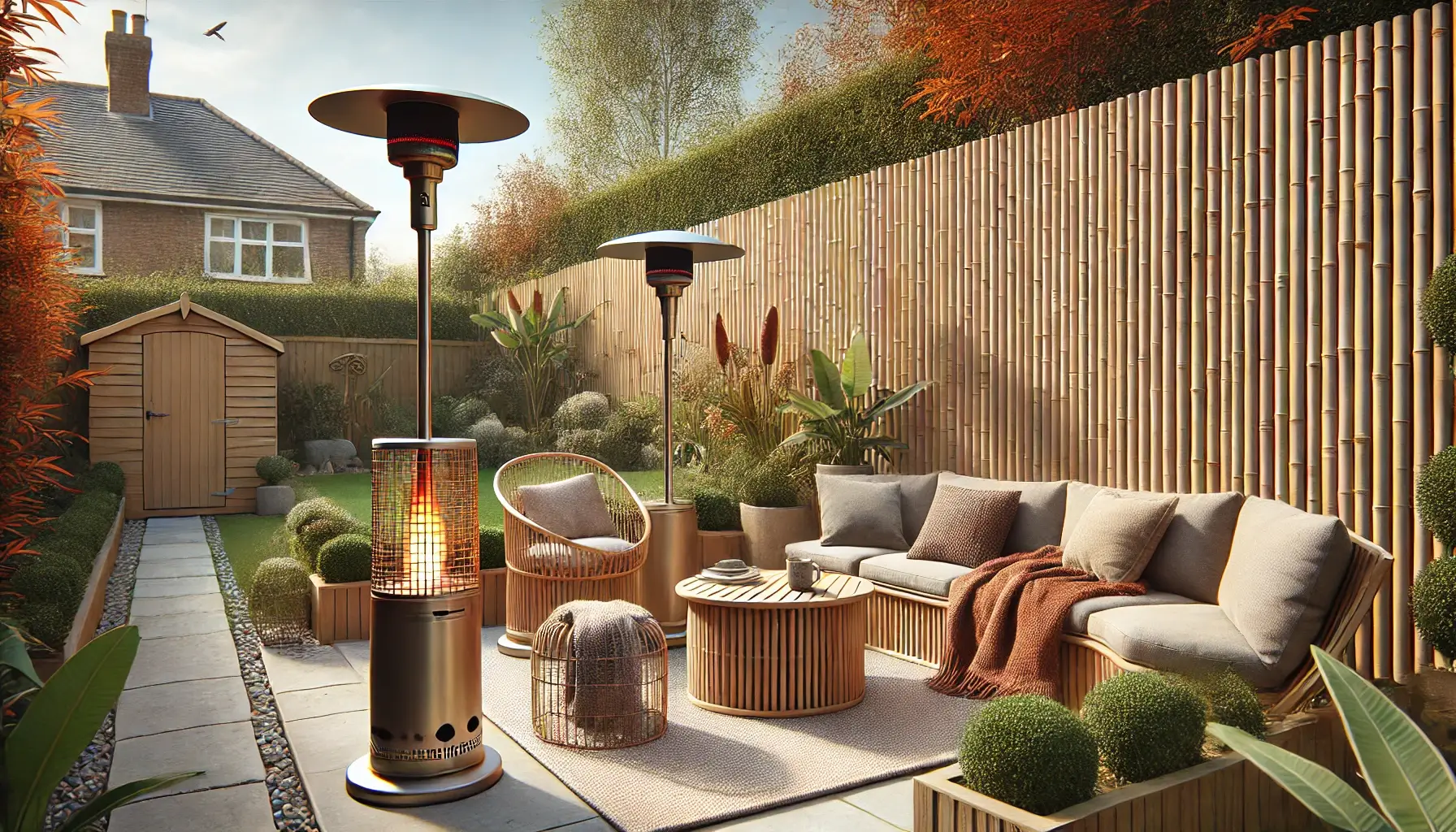 UK garden in autumn featuring bamboo screen